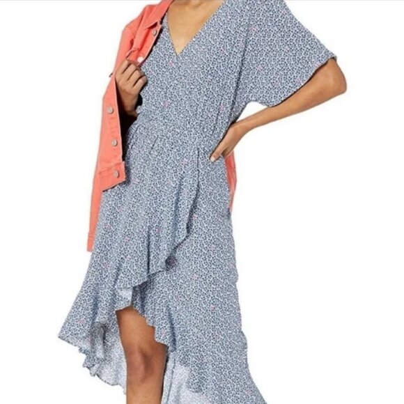 J. Crew Mercantile Blue & White Floral Ruffle Wrap Surplice V-neck Midi Dress - Picture 4 of 13